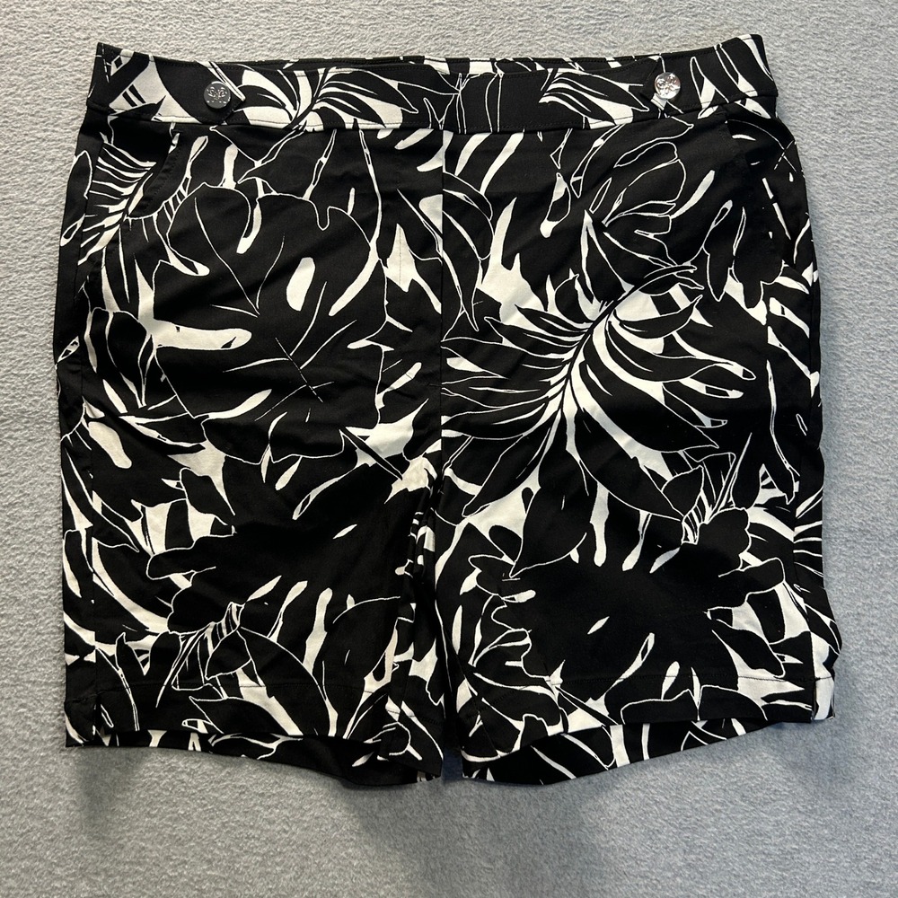 Rafaella  Bermuda Shorts Womens 16 Black White Tropical‎ Leaf Print Stretch Fit
